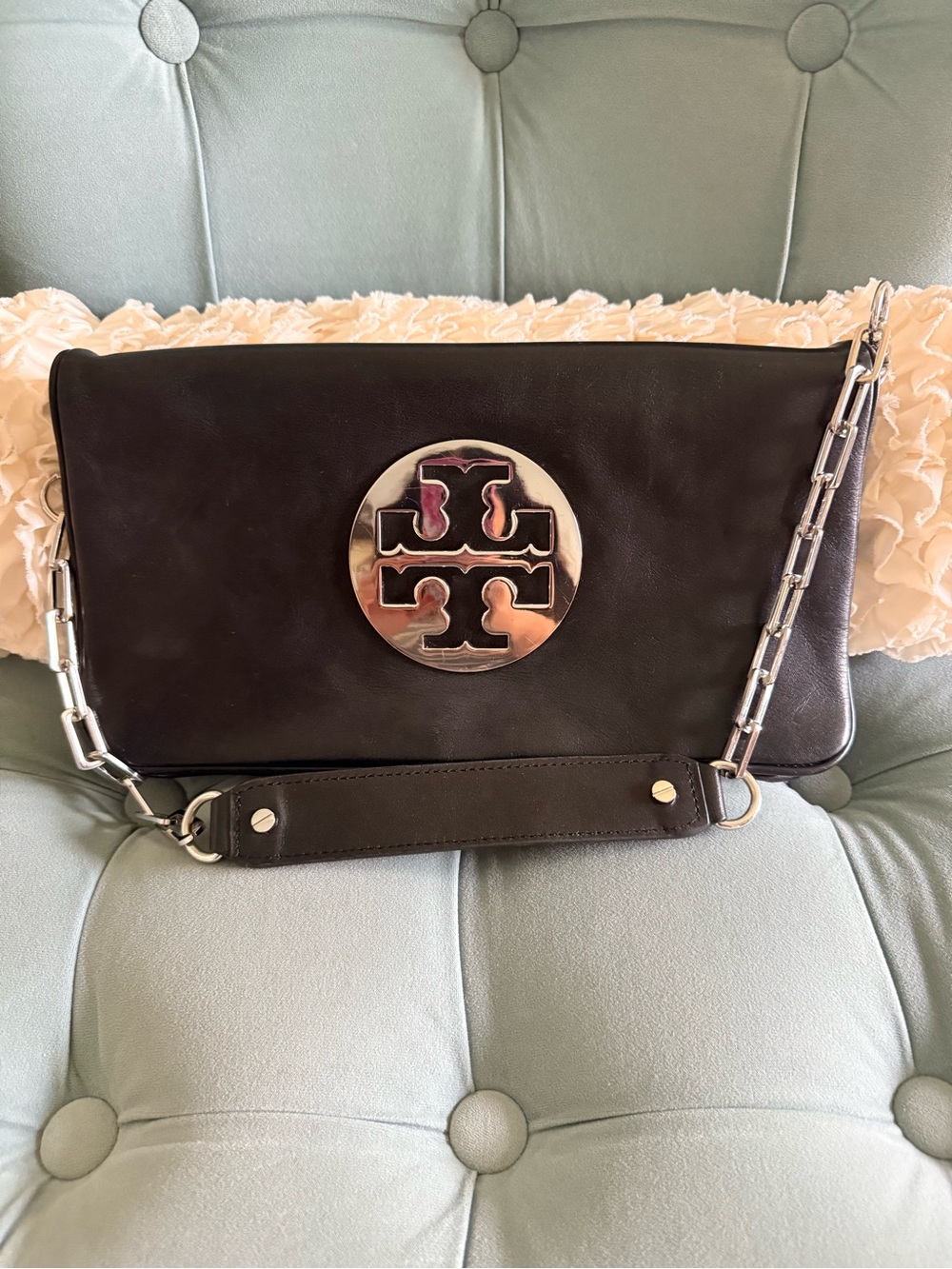 Tory Burch Black Leather Shoulder Bag with Silver Logo Medallion